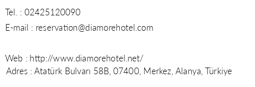 Hotel Diamore telefon numaralar, faks, e-mail, posta adresi ve iletiim bilgileri